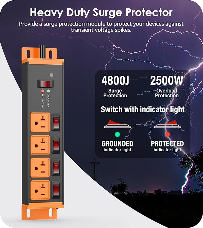 CCCEI Heavy Duty Surge Protector Power Strip 20 Amp Individual Switches. 4FT 12