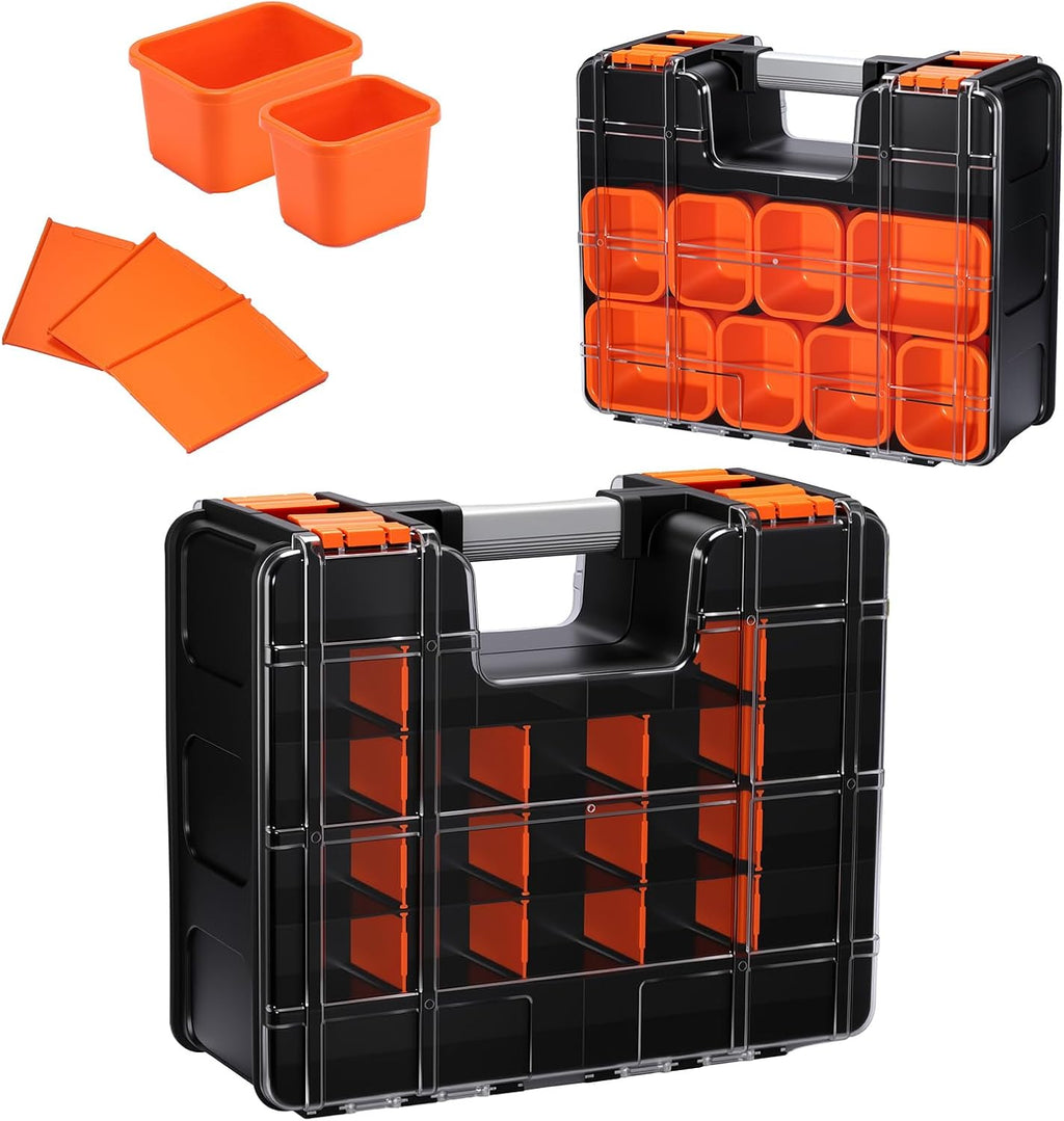 Mayouko Double Side Tool Box with Transparent Lid, 8 Movable Small Trays & Removable Dividers, Multi-Function Small Parts Organizer, for Hardware, Screws, Bricks, Nails, Jewelry and Fishing Tackle