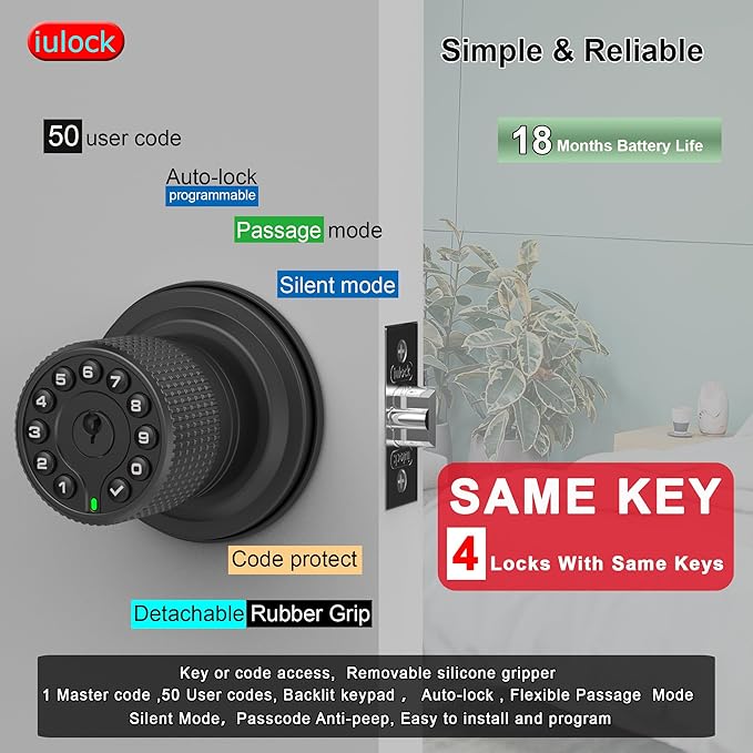 iulock Smart Door Knob with Keypad and Key, Keyless Entry Door Lock with Rubber (4 Pack)