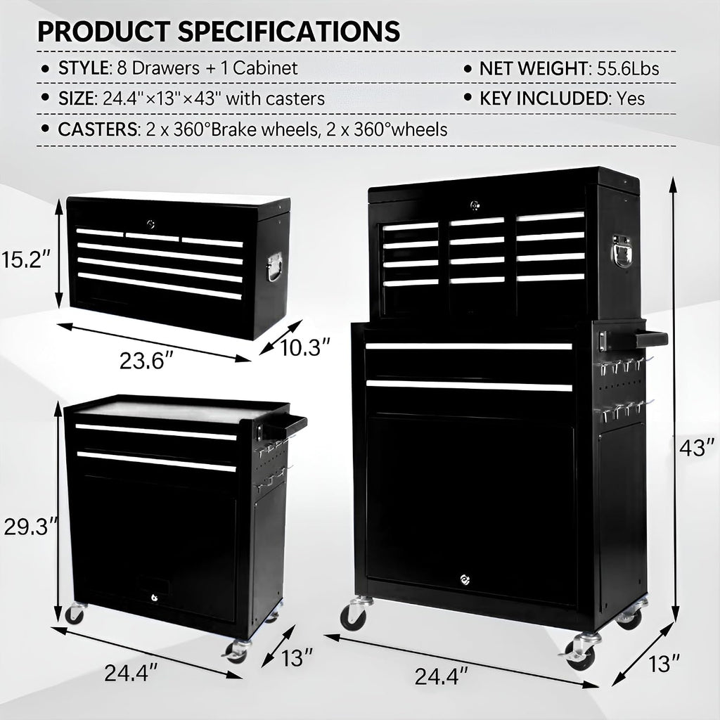 dawmilon 8 drawer rolling tool chest, 2-in-1 detachable, close-up detail
