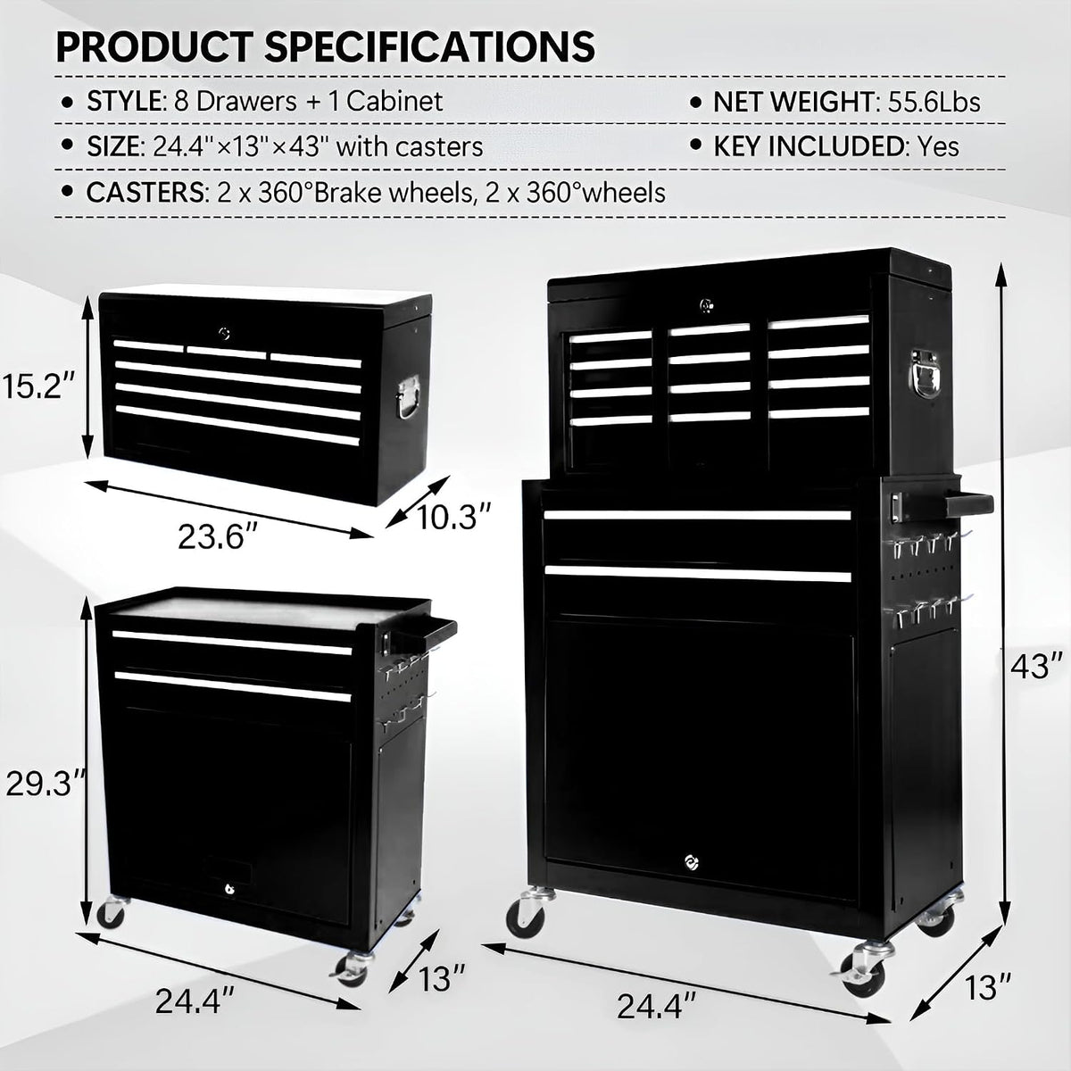 dawmilon 8 drawer rolling tool chest, 2-in-1 detachable, close-up detail