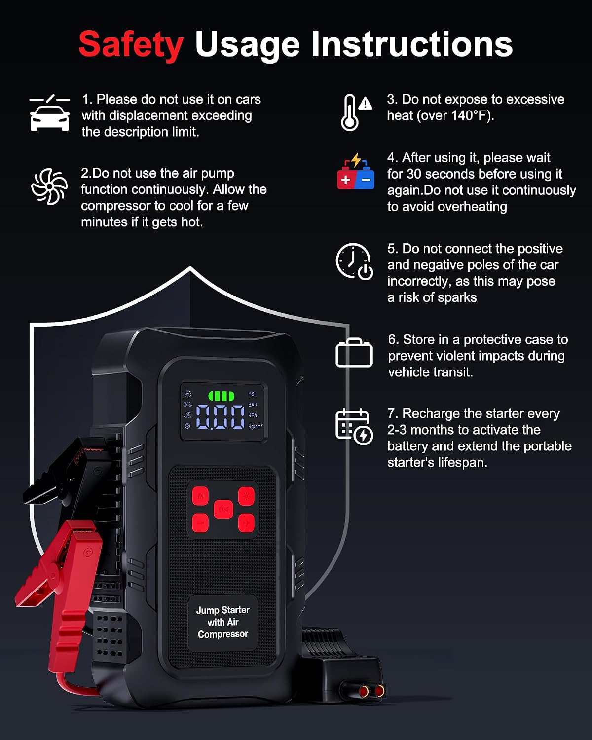 5000A Jump Starter with Air Compressor, Portable Car Battery Jump Starter with 150 PSI Tire Inflator for Up to 10.0L Gas and 8.0L Diesel Engines, 12V Jump Box Battery Charger Booster(Red)
