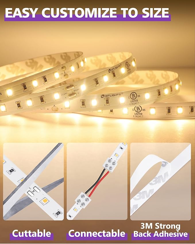 HitLights 24V LED Strip Lights Warm White 3000K, 26.2ft Cuttable Tape Backed