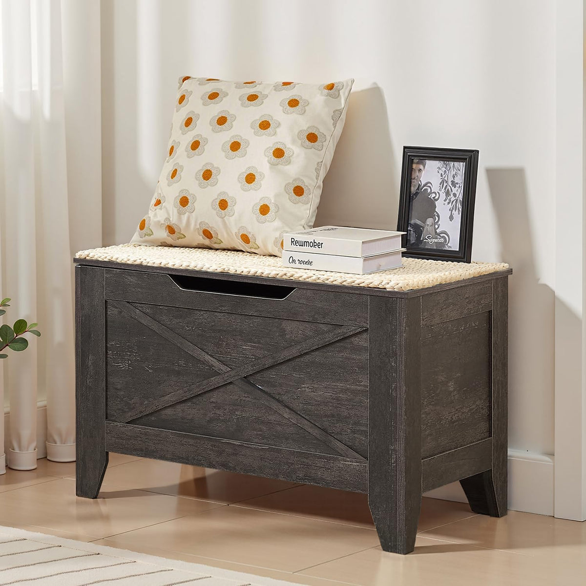 VECELO 30" Storage Chest with Lift Top Storage, Farmhouse Style Ottoman with Handwoven Wicker Cushion, Safety Hinges, Ideal for Entryway, Bedroom, Living Room, Coal Gray