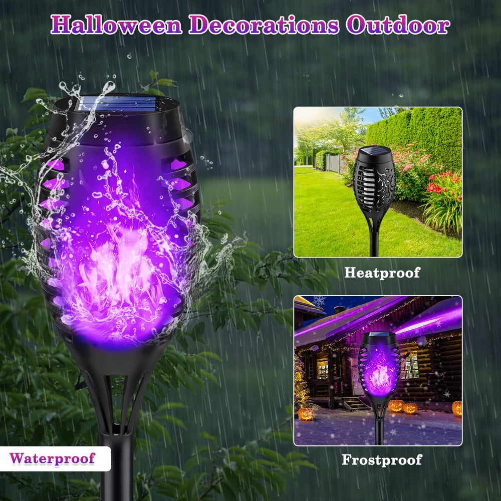 12P Purple Flame Solar Halloween Lights for Halloween Decorations Outdoor
