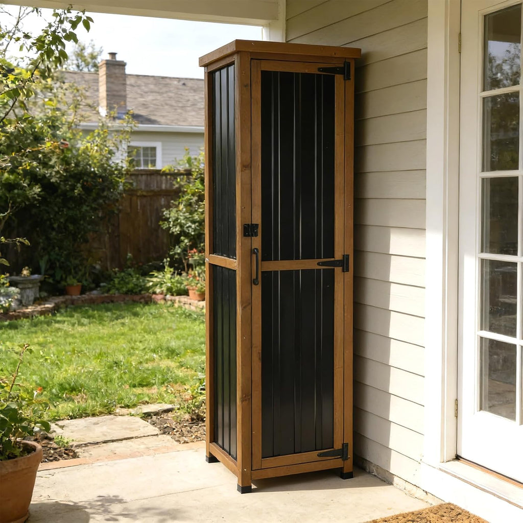 Outdoor Storage Cabinet, Wood & Metal Storage Shed with Weatherproof Roof, 3 Removable Shelves, Lockable Door, Adjustable Feet, Outside Storage Cabinet for Garage, Patio, Backyard