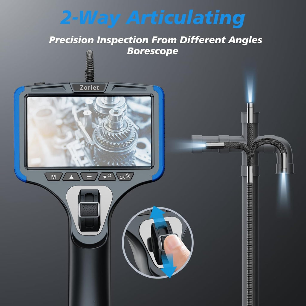 2-way articulating borescope, 0.25in/6.3mm probe, 5" screen, 5ft shown in use