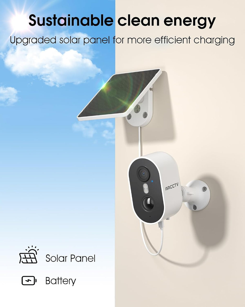 ARCCTV Solar Security Camera Wireless Outdoor 4MP Solar Powered WiFi Camera