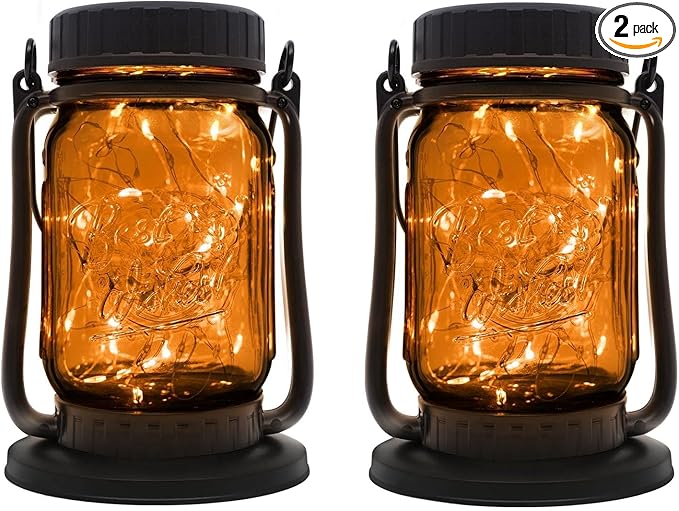 Mason Jar Lights - Solar Lantern Outdoor Waterproof, Hanging Solar Lights for Outside, Halloween, Fairy Twinkle Glass Decorative Lamp for Yard, Patio, Garden, Porch, Table, Wedding, Pack 2 (2 Pack)