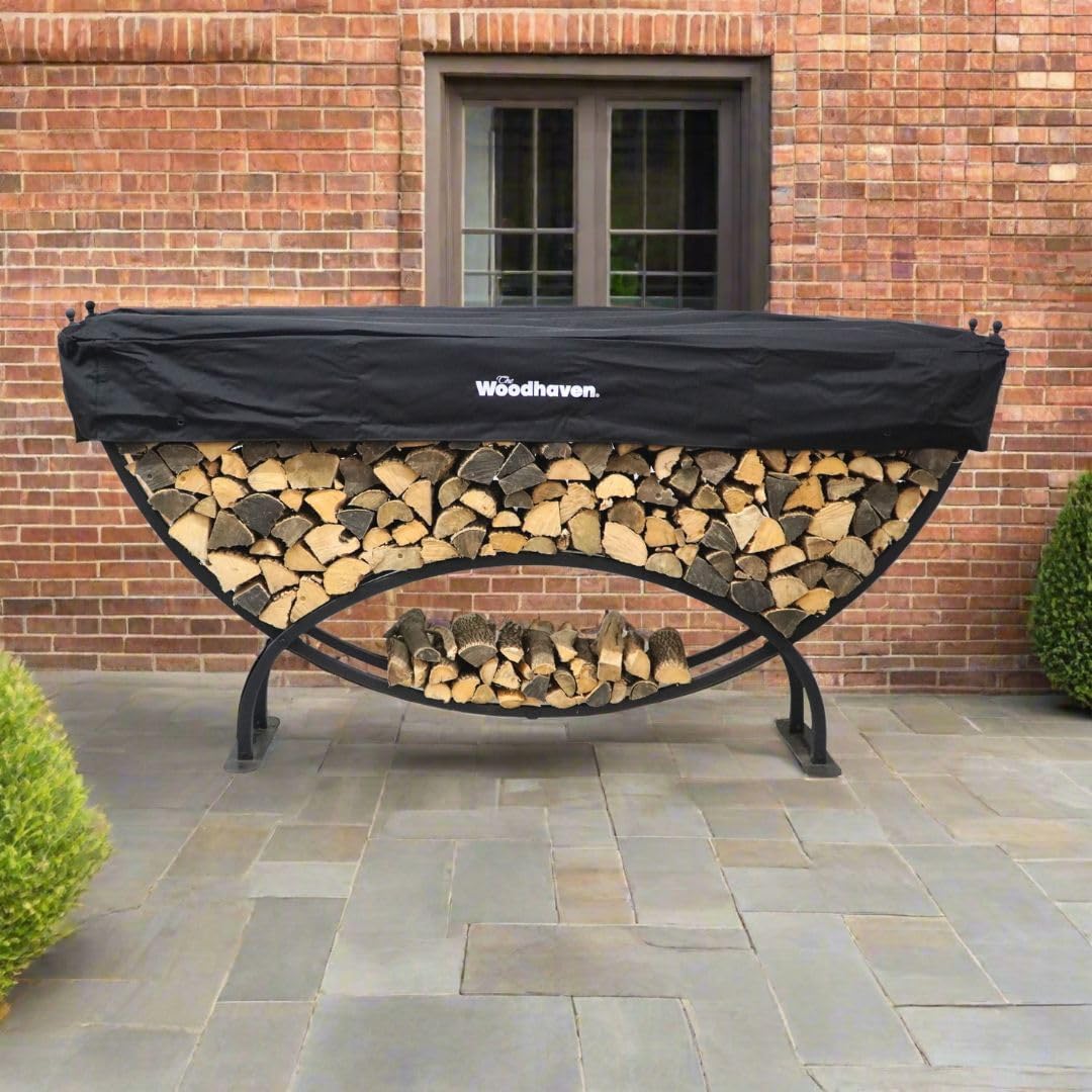 woodhaven large crescent outdoor firewood rack with cover shown in use