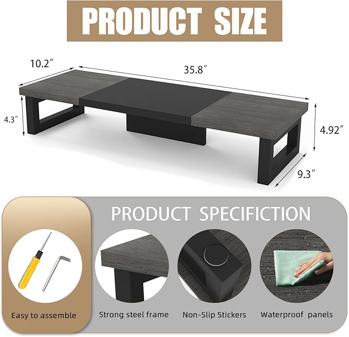 WESTREE Dual Monitor Stand Riser, Wood and Steel Monitor Stand Riser, Computer