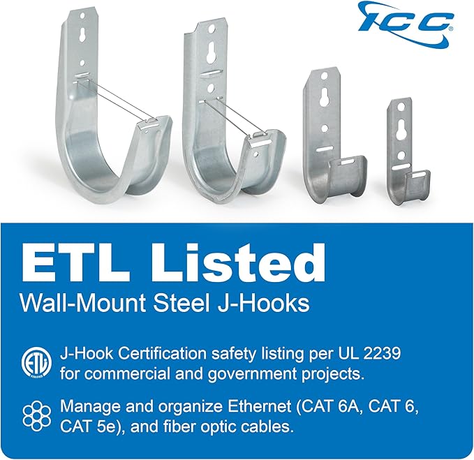 ICC 4-Inch Wall Mount J-Hook – 25-Pack, Cable Support Hooks