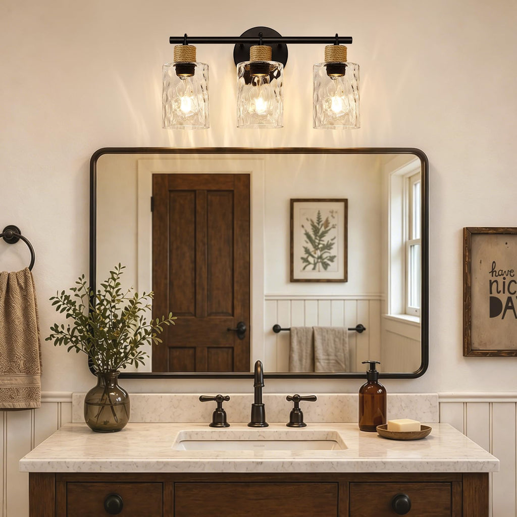 MOKATNG Bathroom Light Fixtures, 3-Light Coastal Vanity Lights with Crystal Glass Shade, Black Bathroom Wall Lamp for Mirror Kitchen Hallway Cabinet