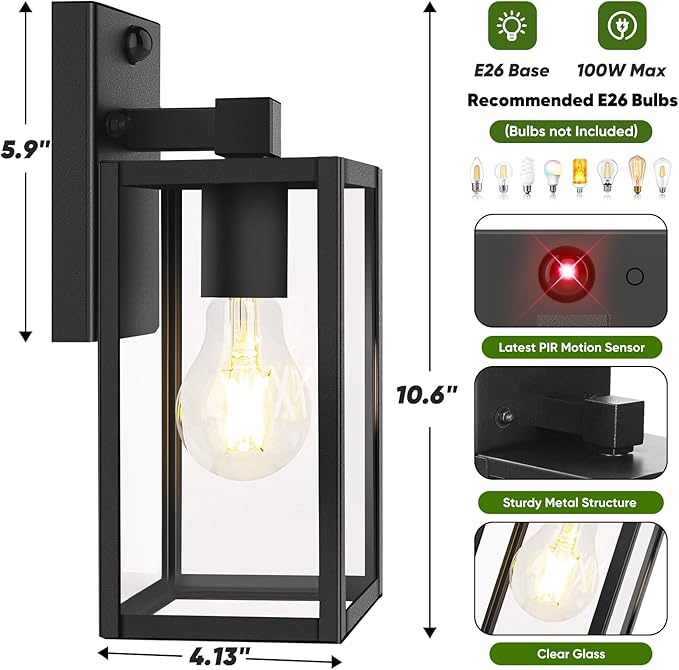 2-Pack Upgraded Motion Sensor Outdoor Wall Lights, 10.6” Small Dusk to Dawn