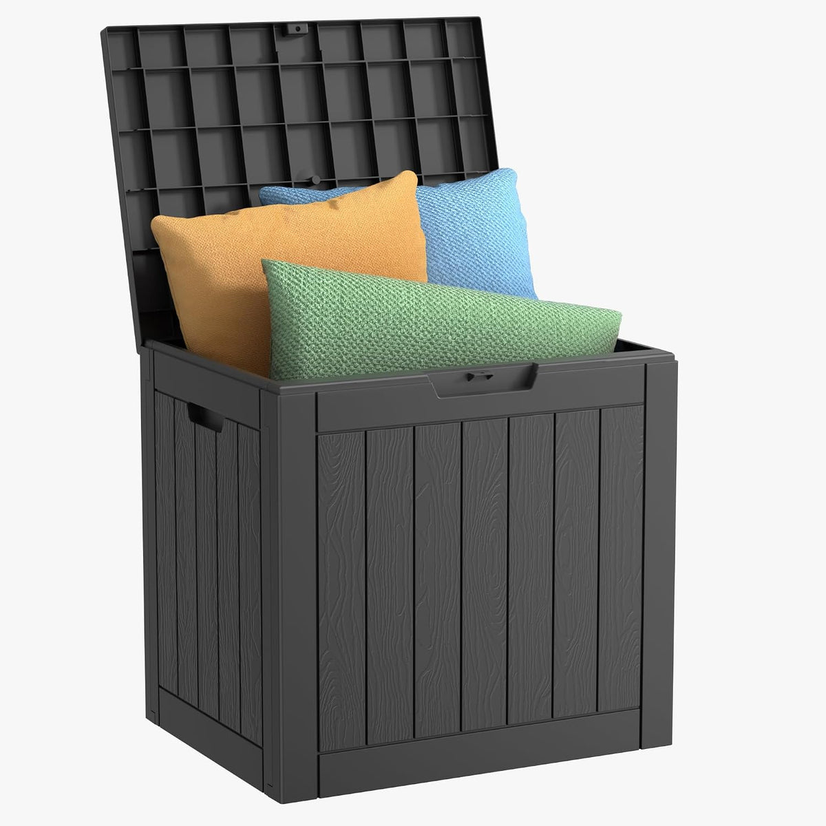 Vixzen Versatile Resin Deck Box, All Weather Lockable Outdoor Storage Box Doubles as Patio Bench, Perfect for Cushions, Garden Gear & Pool Accessories（40 Gallon, Black）