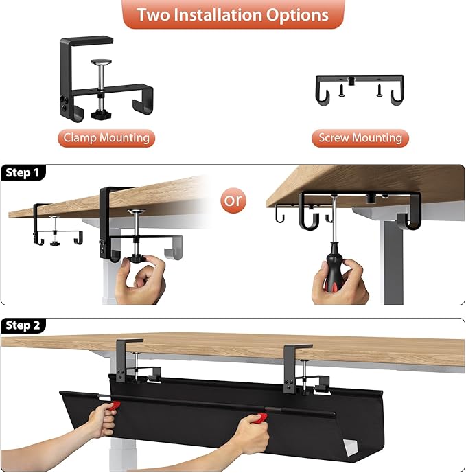 Univivi No Drill Under Desk Cable Management Tray, Clamp/Screw Mount Desk Cable