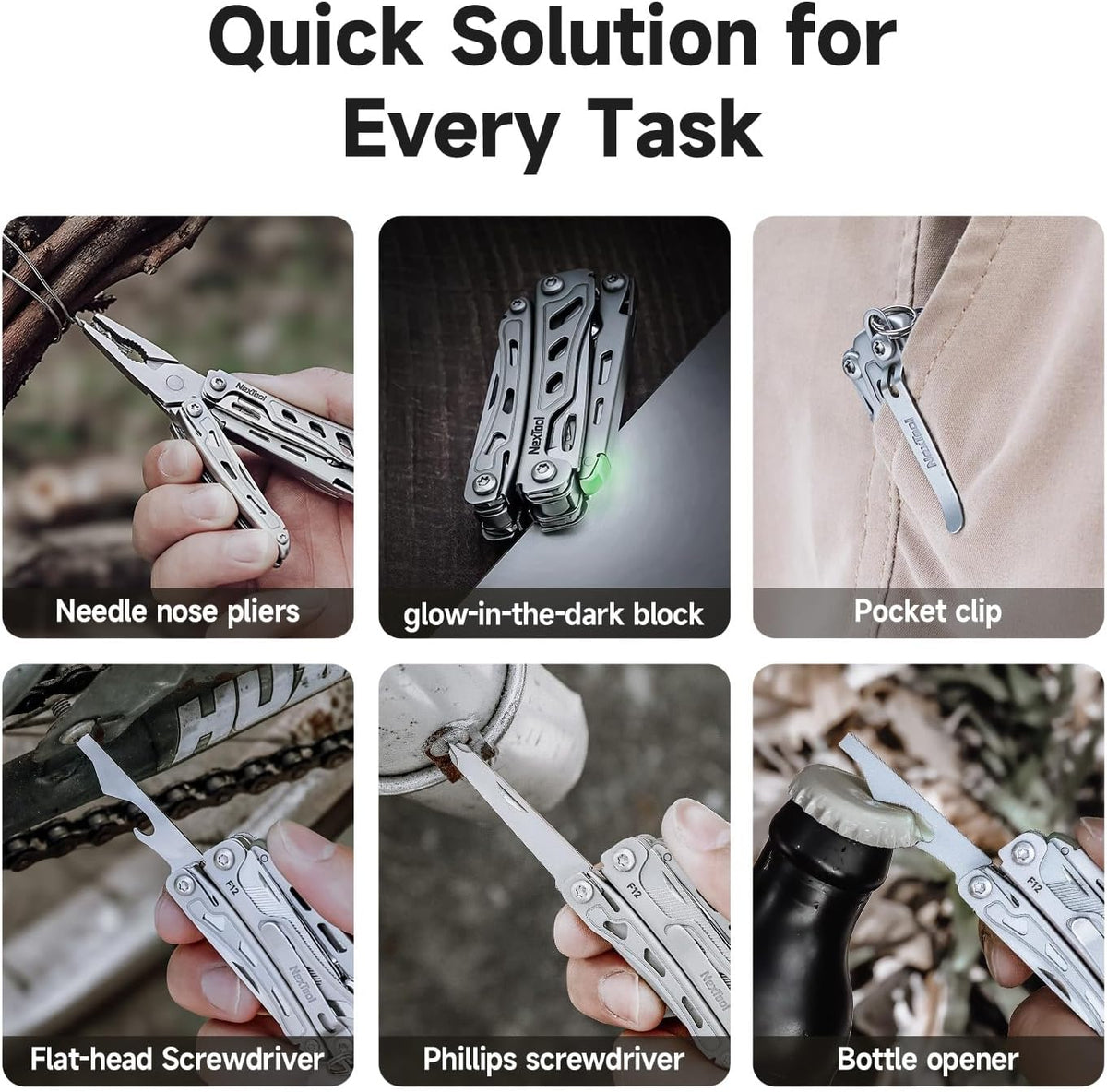 NexTool Mini Flagship F12 Keychain Multitool, Fifth Pocket Tools (Silver) | 15-in-1 Multi Tool, 80Cr14Mov Steel, Serrated Scissors, Thicken Pliers, Safety Lock Knife and File for EDC, Outdoor, DIY