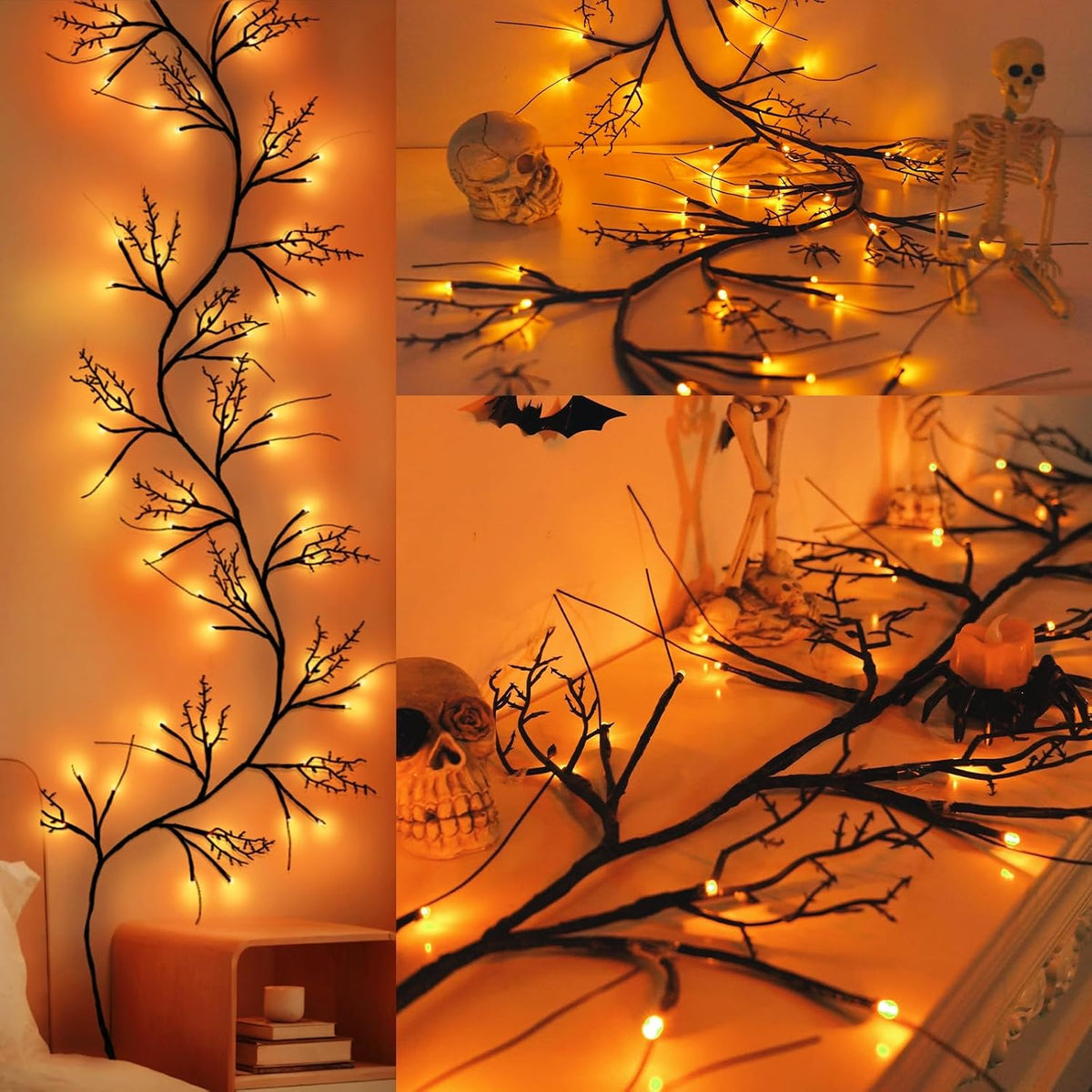 [8 Modes & Timer] 9 Ft Halloween Garland Willow Vine Twig Decor with 72 LED Orange Lights - Waterproof Battery Operated Indoor Wall Fireplace Decorations