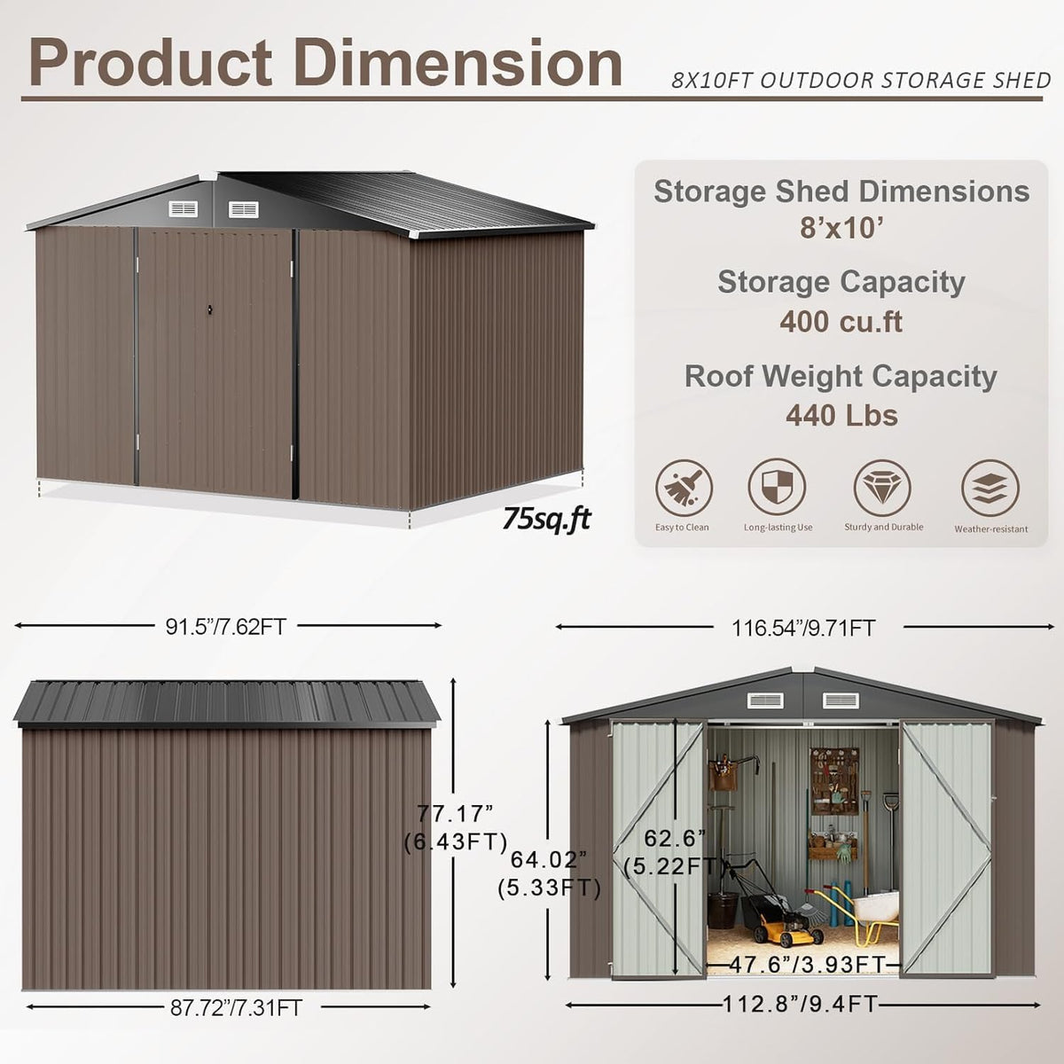aoxun 10x8 ft shed outdoor storage shed, brown shown in use
