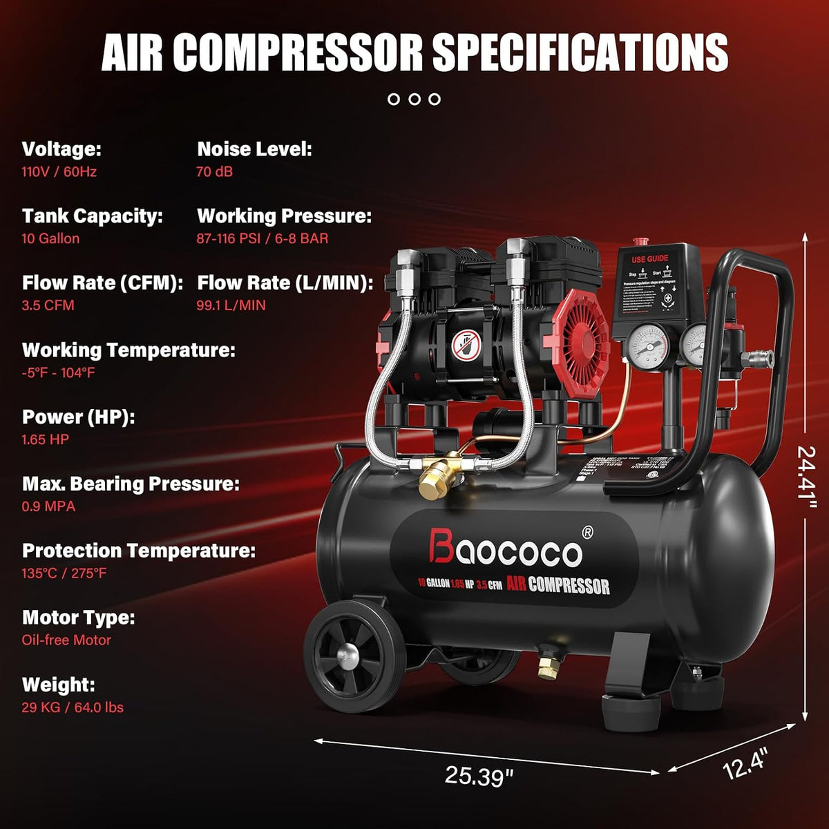 Portable Air Compressor with 10 Gallon Steel Tank, 1.65 HP 3.5 CFM @ 90 PSI