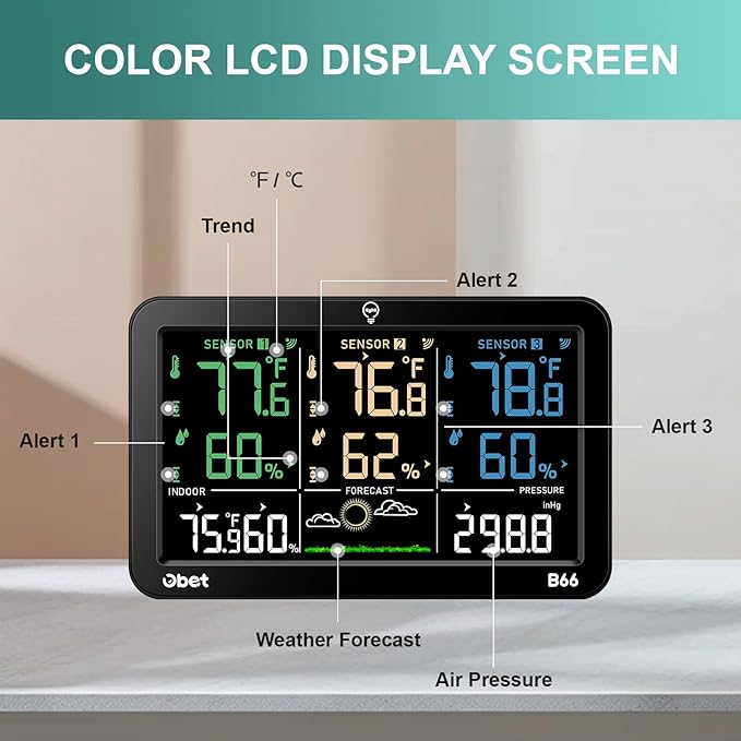 OBET Weather Station Wireless Indoor Outdoor Thermometer Wireless, Color