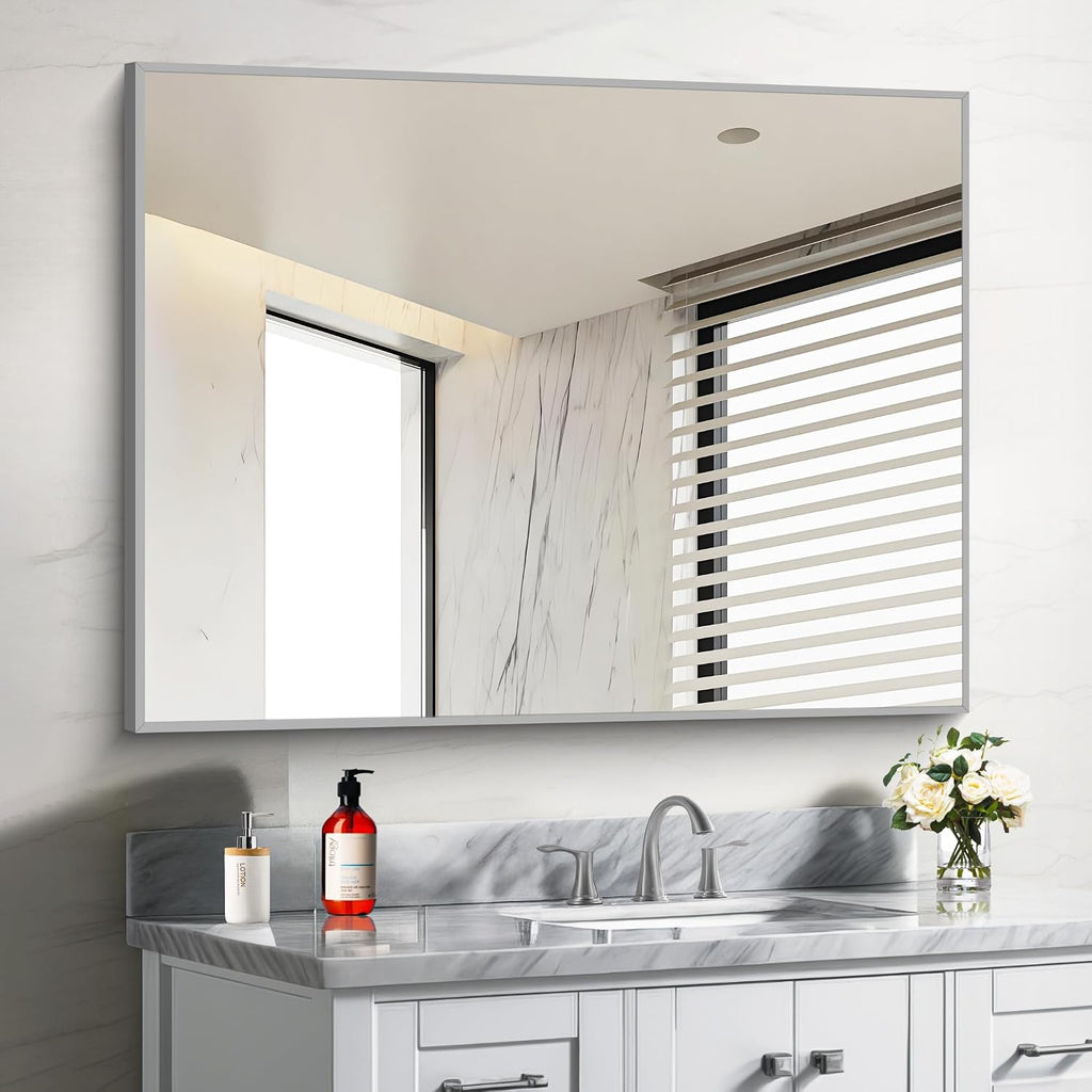 30x40In Silver Bathroom Mirror for Wall, Brushed Nickel Rectangle Mirrors