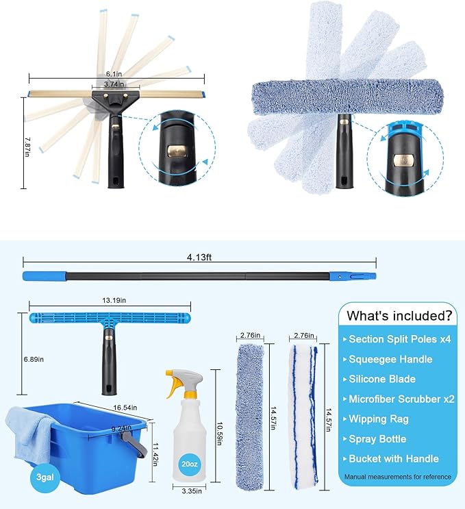 Window Cleaning Kit with Storage Bucket, Window Squeegee with 4.13ft Extension