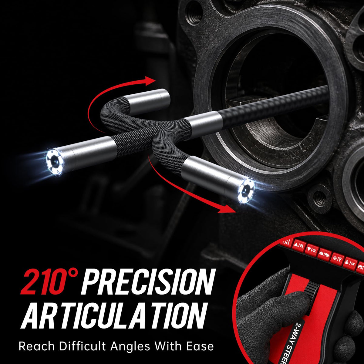 Articulating Borescope Inspection Camera with Light: 1080P HD Industrial Endoscope Camera with 5" IPS Screen - 0.24in Slim IP67 Waterproof Lens - 210° Flexible Probe Two-Way Articulating Borescope