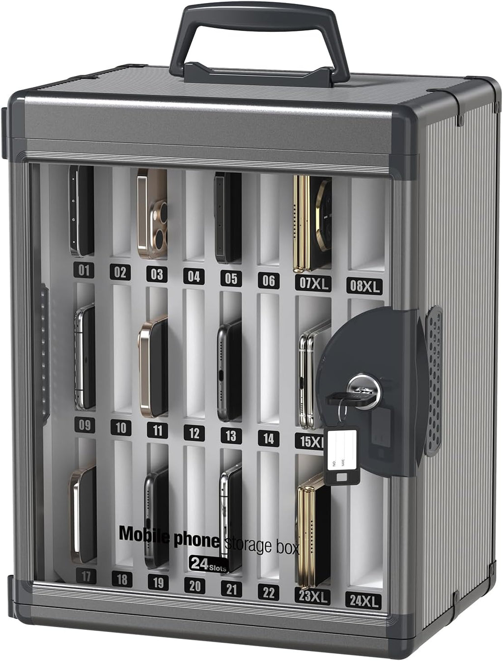 Glosen 24 Slots Cell Phone Storage Locker for Classroom, Portable Phone Locker with Key Lock & Handle, Wall Mounted Phone Lock Box for Office & School, Fits Most Smartphones Black