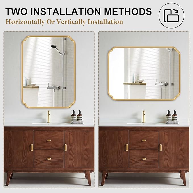 Gold Bathroom Vanity Mirror for Wall 24" x 36" Modern Rounded Rectangle Mirror