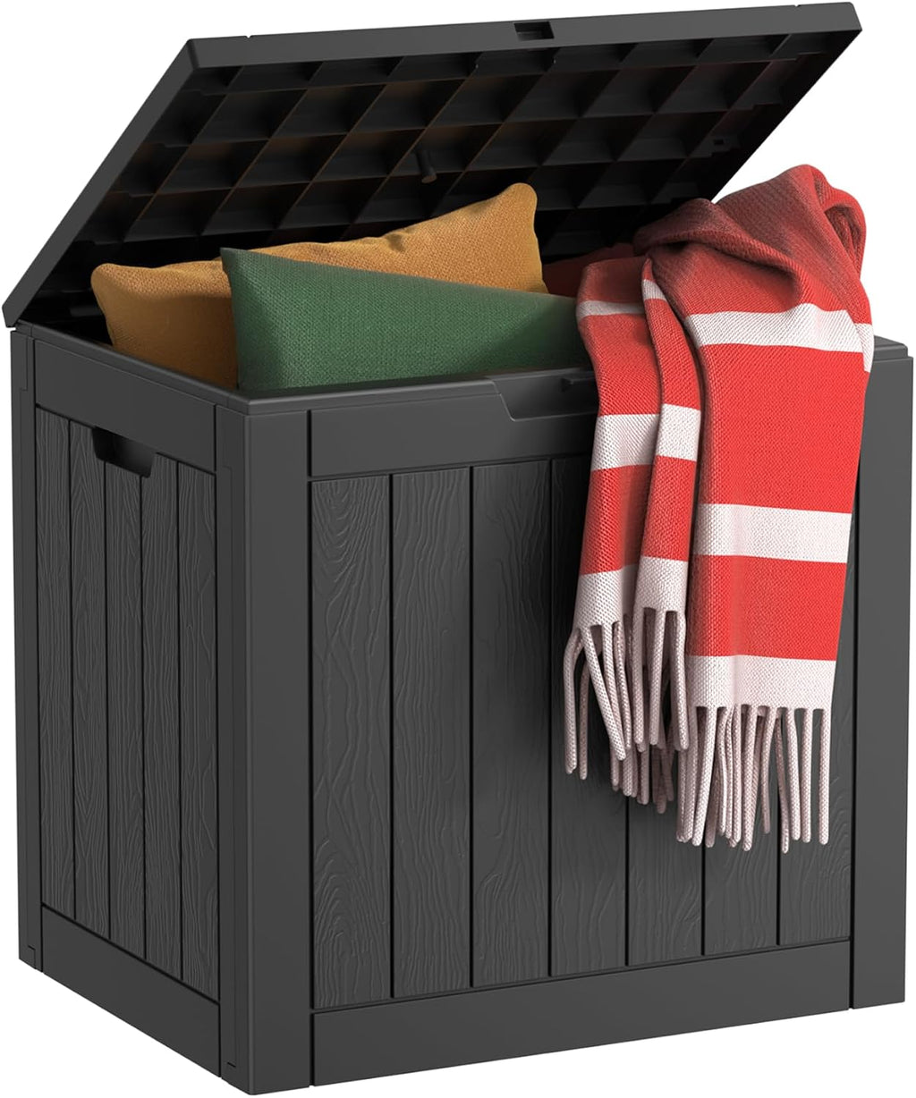 Vixzen Outdoor Storage Deck Box Waterproof Resin Lockable Outside Bench Porch Patio Furniture Pool Float Garden Tool Cushion UV Resistant Bin（40 Gallon, Black）