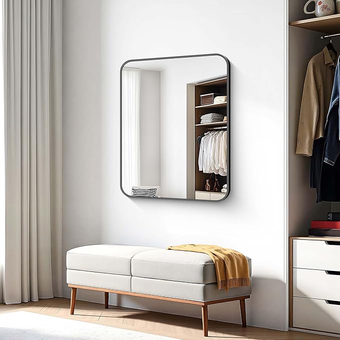 Bathroom Mirror, 36 x 30 inch Metal Framed Black Rectangle Mirror, Rounded
