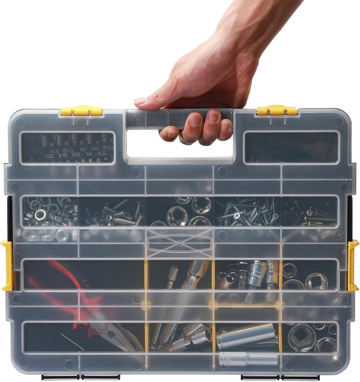 mayouko stackable plastic toolbox organizer, interlocking small parts, front angle view