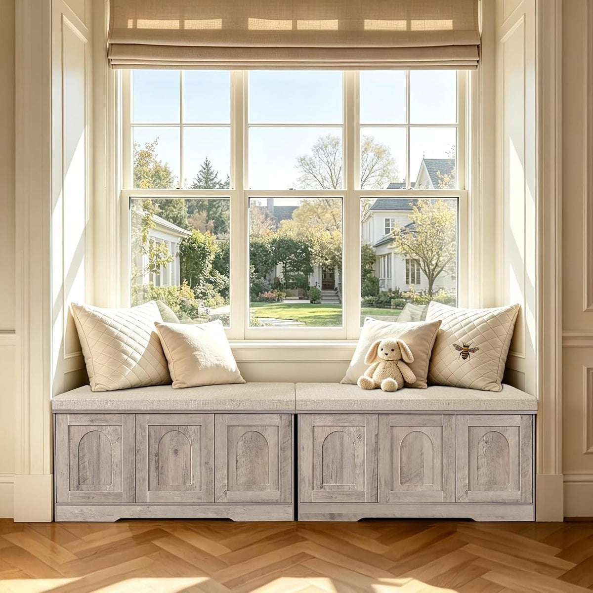DINZI LVJ Shoe Storage Bench with Cushion, Door, Greige 39.4" LX17.7 H