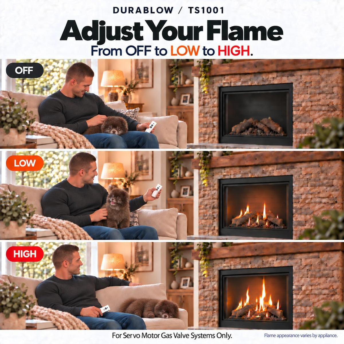 durablow ts1001 gas log/fireplace on/off remote control kit showing dimensions