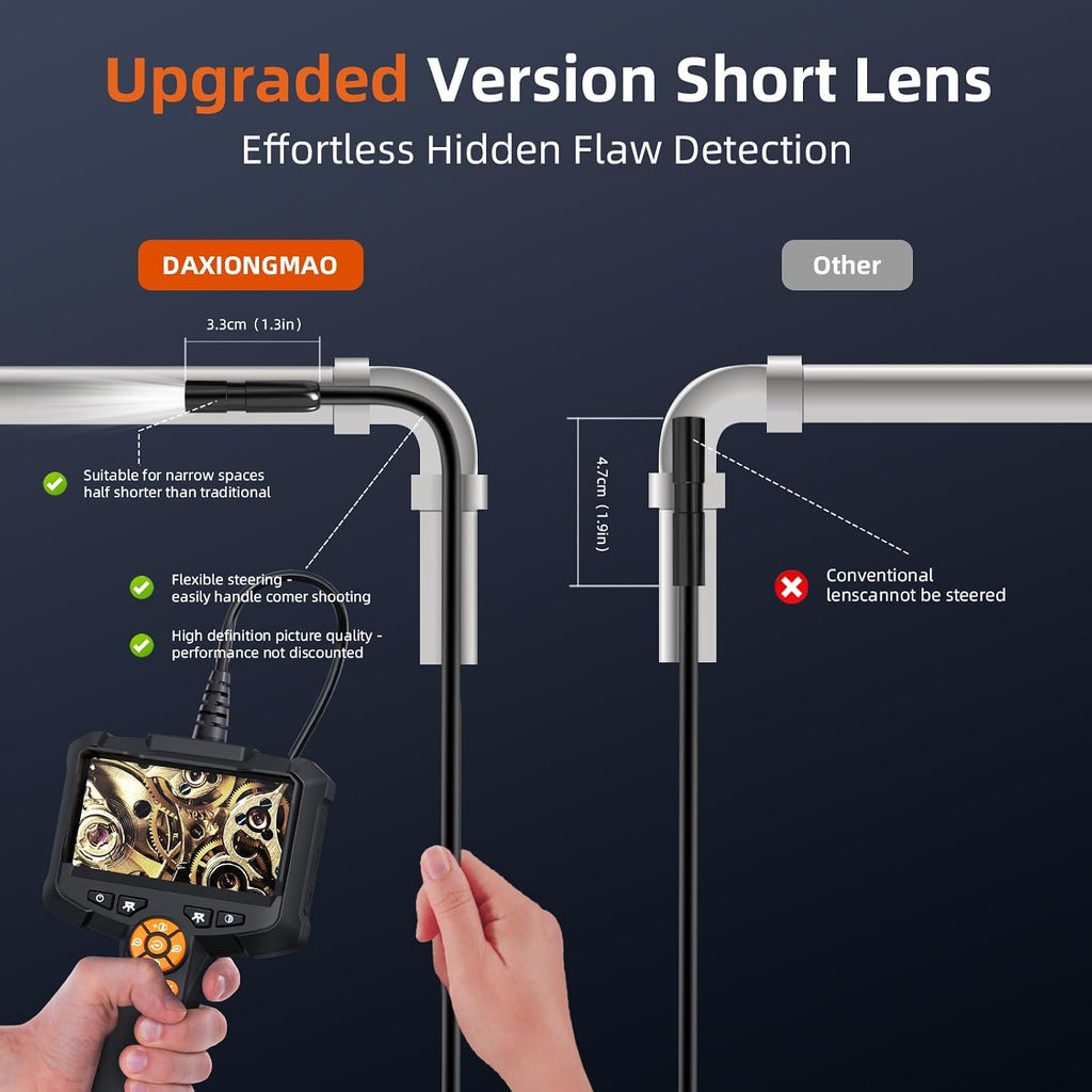 daxiongmao endoscope camera with light, 1080p hd borescope showing dimensions