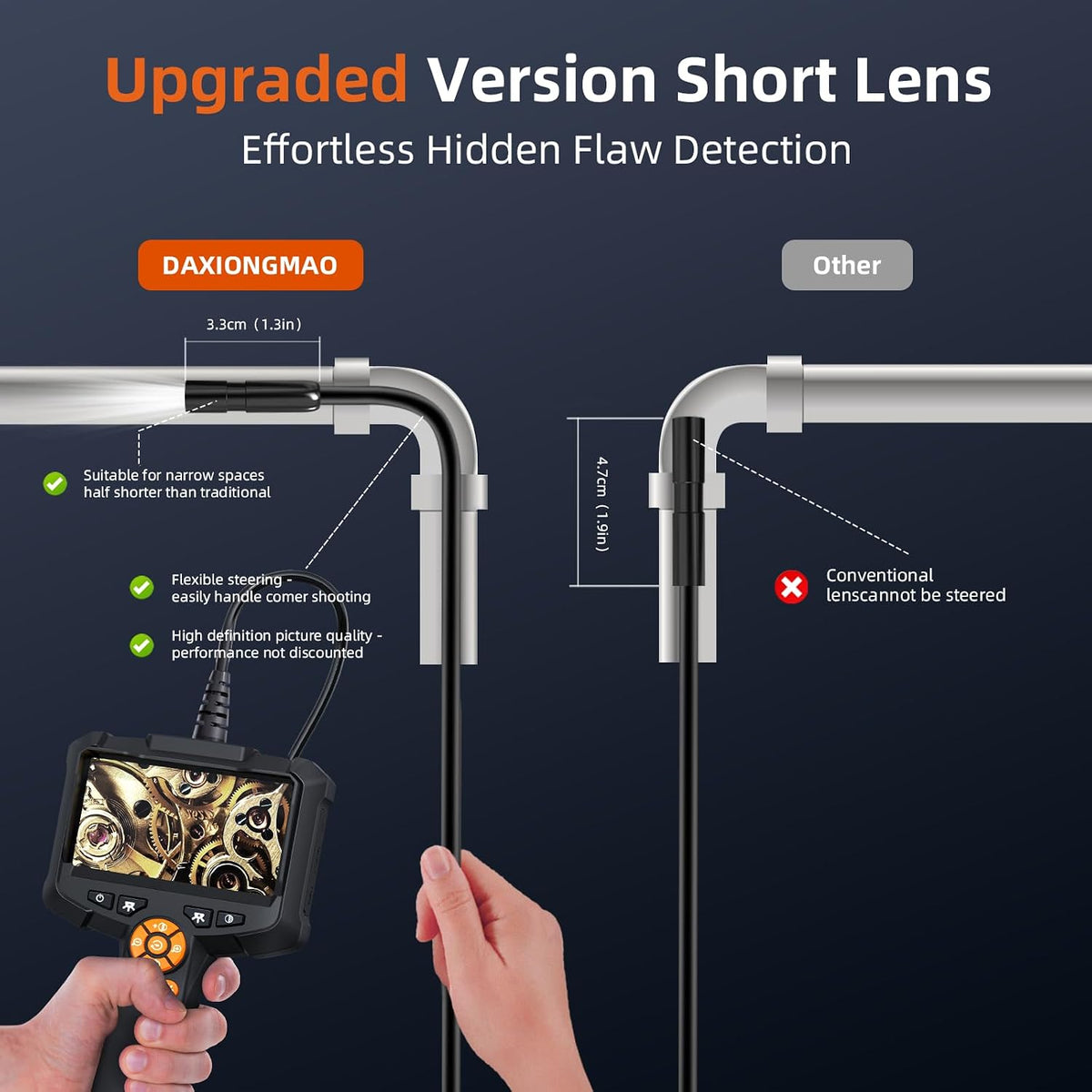 daxiongmao endoscope camera with light, 1080p hd borescope showing dimensions