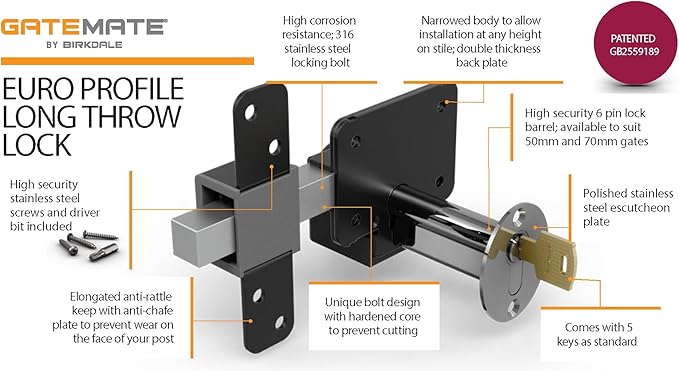 Gatemate 1490116 Euro Single Long Throw Lock