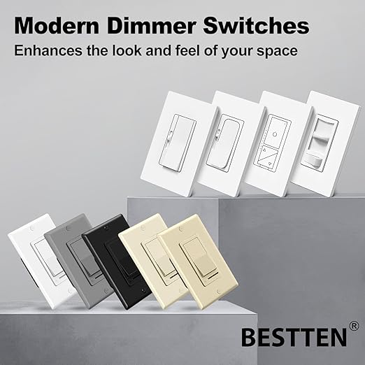 BESTTEN 10 Pack Dimmer Light Switch, Single Pole or 3-Way, Slide Dimmer Switches