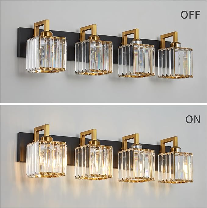 FDPBY Modern Bathroom Vanity Light 4-Lights Black Gold Crystal Wall Lamp