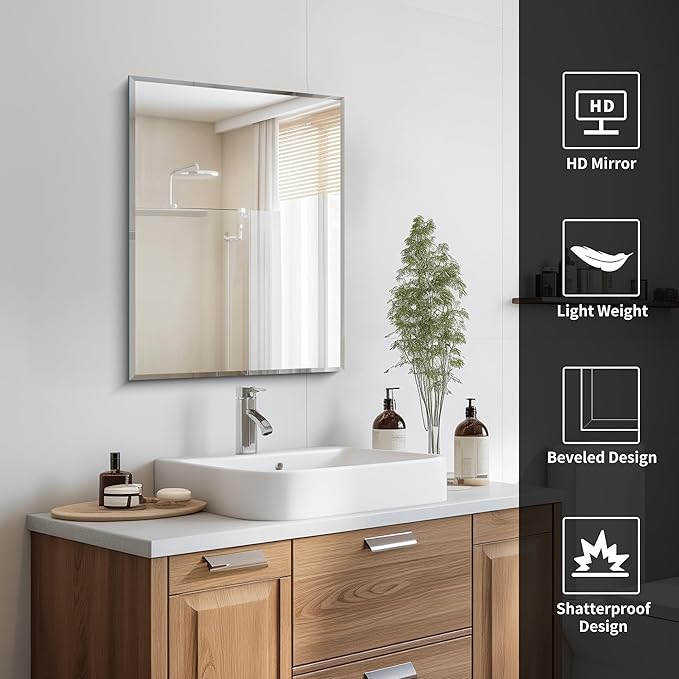 CILIBER 18x24 Beveled Mirror, Frameless Beveled Bathroom Mirrors