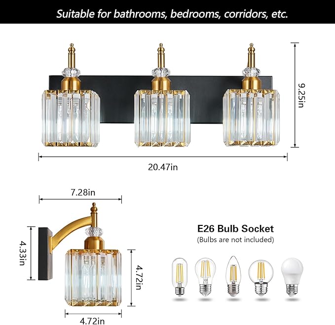 BBLLWJ Modern Bathroom Vanity Light 3-Light Black and Gold Crystal Light