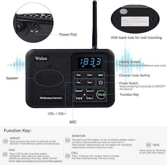 Expandable for Wuloo Intercoms Wireless for Home WL888, 1 Mile Range 22 Channel
