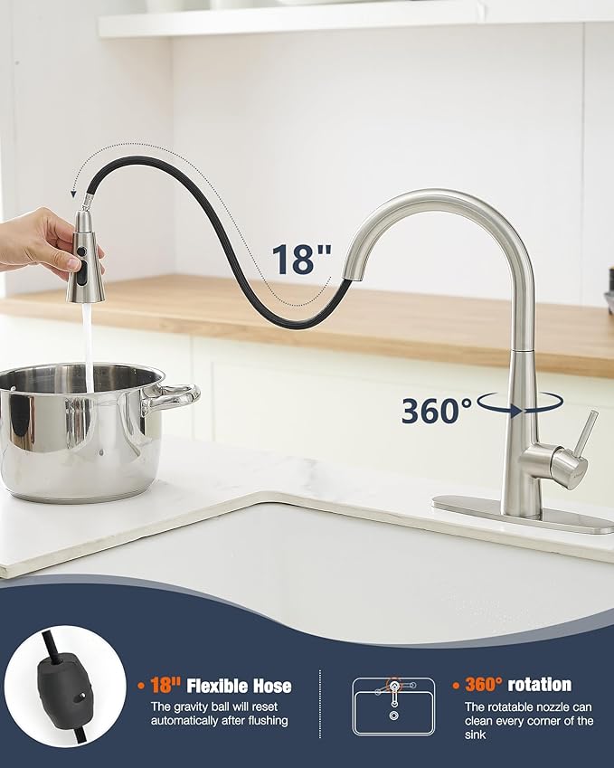 AIMADI Kitchen Faucet with Pull Down Sprayer – High Arc 360° Swivel Brushed