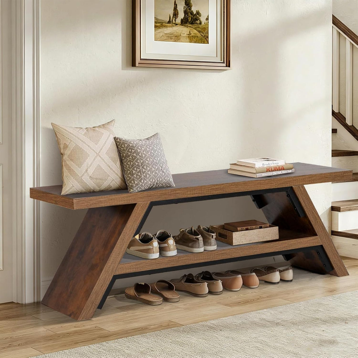 2-Tier Shoe Storage Bench, 55" Large Solid Wood Entryway Stool Storage