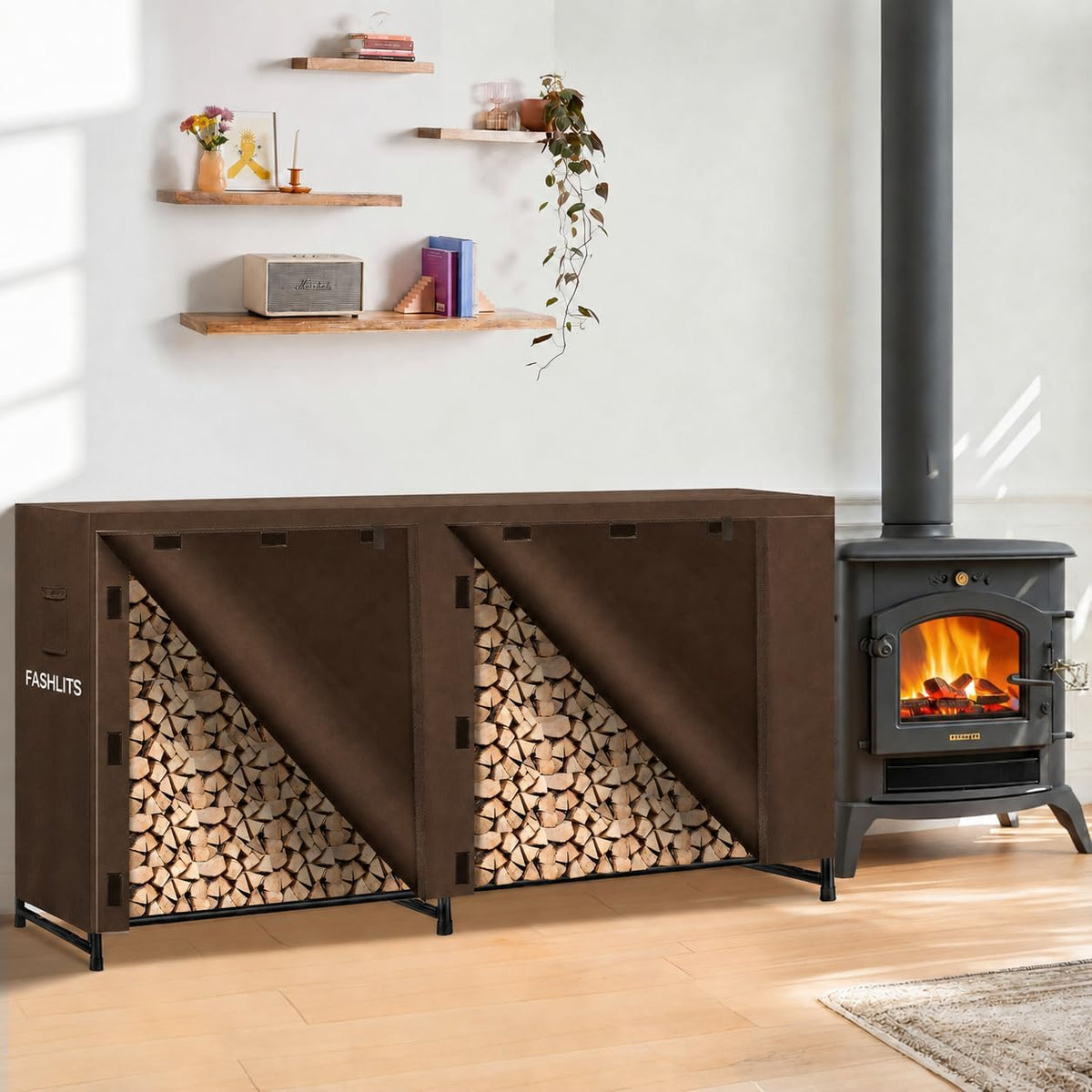 8ft firewood rack cover, waterproof heavy duty 600d shown in use