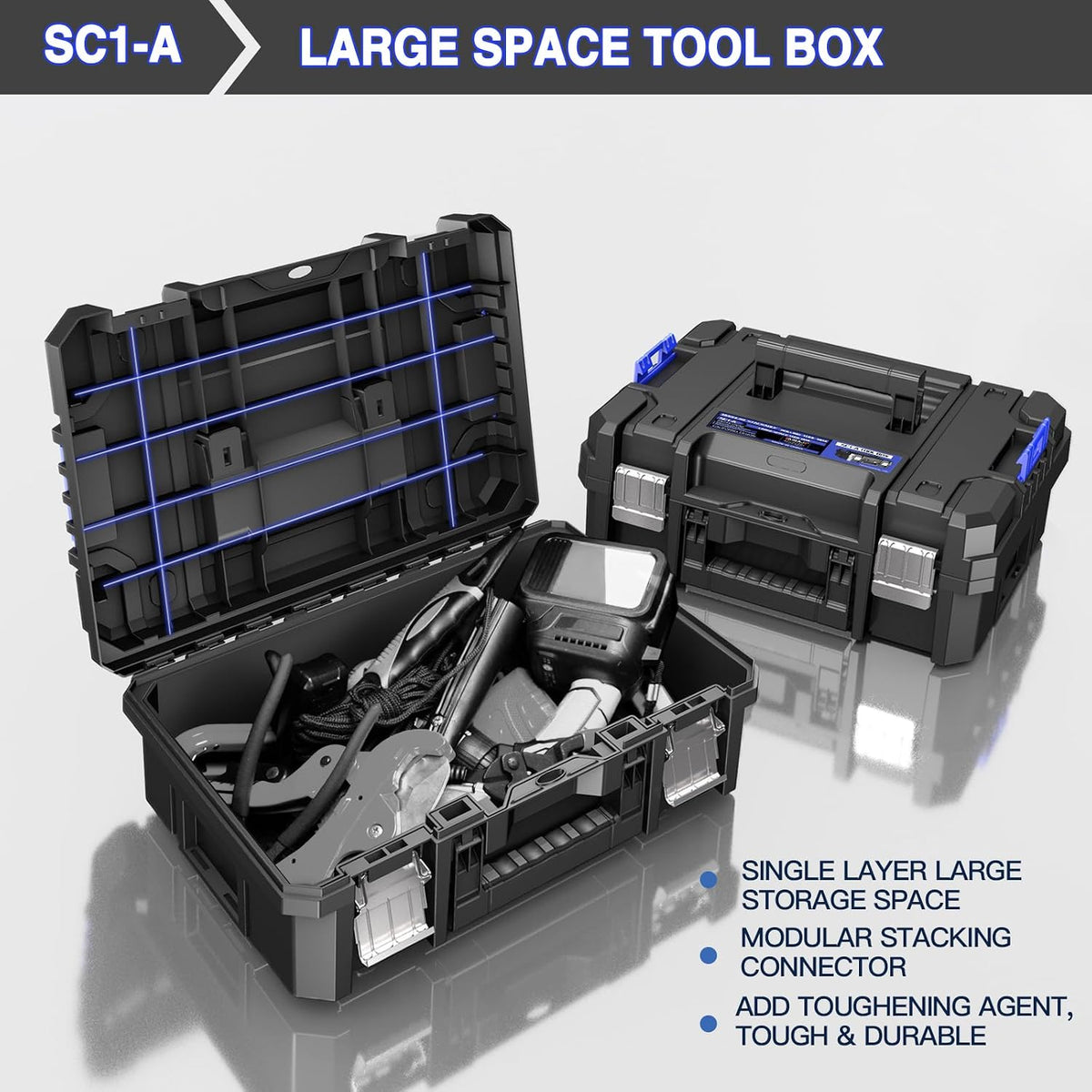 airaj 5 tier stackable tool box with wheels, close-up detail