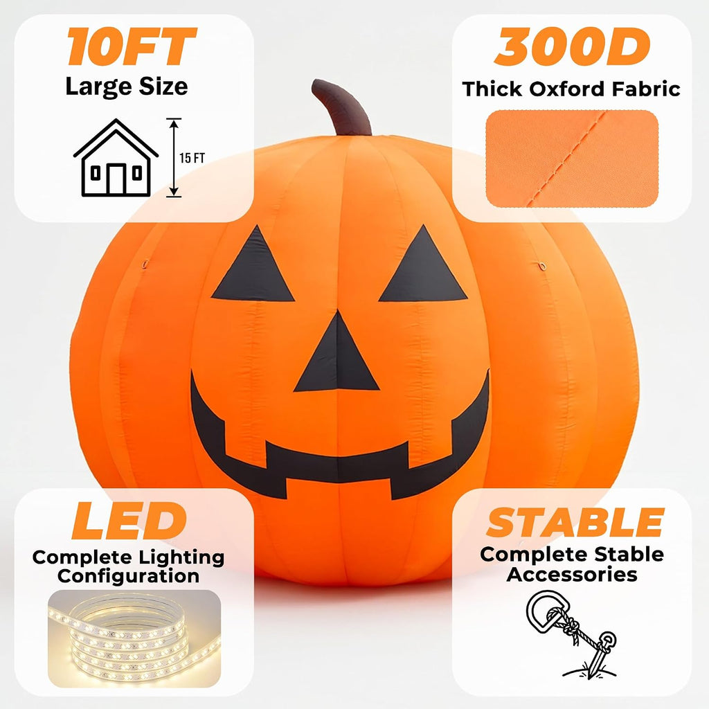 Giant 10Ft Halloween Inflatables Pumpkin Decorations, Blow Up Yard Decorations with 370W Waterproof Air Blower & LED Lights for Commercial Use, Outdoor Yard Lawn Halloween Party