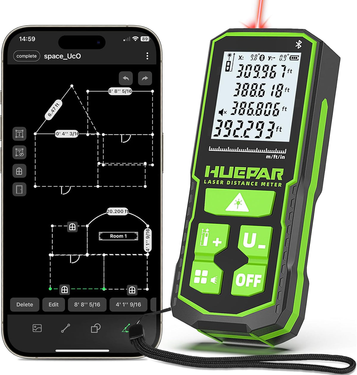 Huepar Laser Distance Measure 395Ft. Digital Rechargeable Laser Measuring Tool