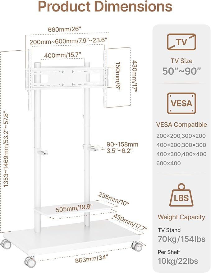 ECOTINY Steel Base Rolling TV Stand